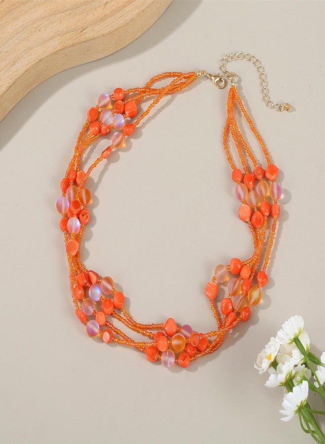 Xalroco Colorful Natural or Synthetic Gemstone Choker Necklace for Women, Statement Shell Crystal Beaded Multi-Strand Collar Necklace, Moonstone Necklace, Jewelry Gift for Her (Orange) - Image 2